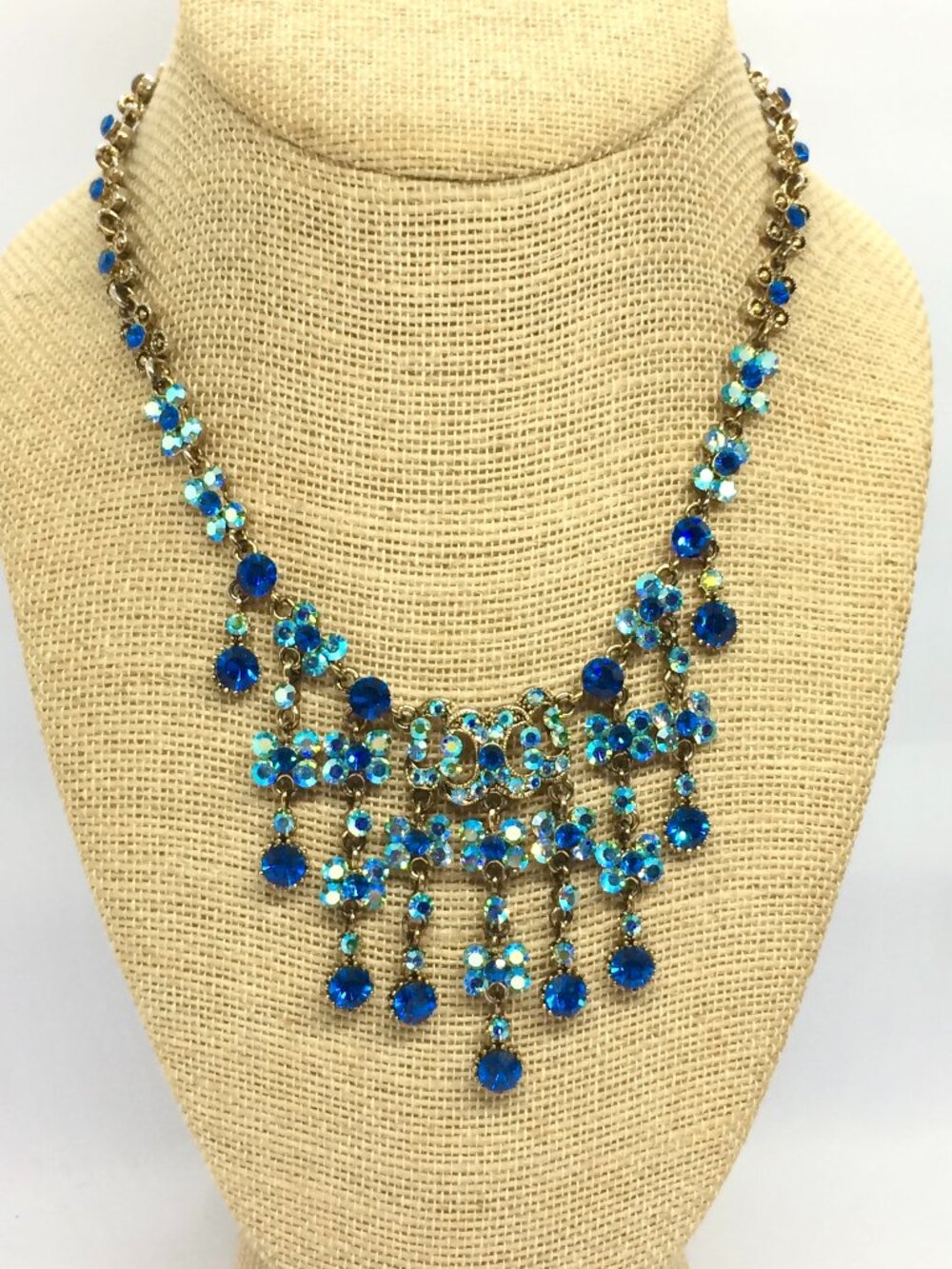 VINTAGE RHINESTONE NECKLACE Blue Aurora Borealis Fringe Bib Chandelier Statement
